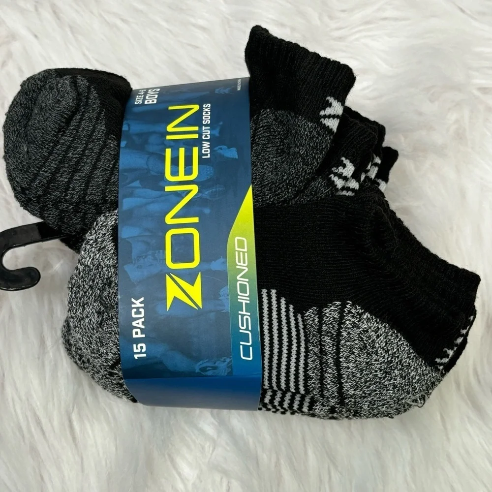 NEW Zone‎ In Boys Size 4-6 Low Cut Cushioned Socks Pack of 15 Black & Gray NWT